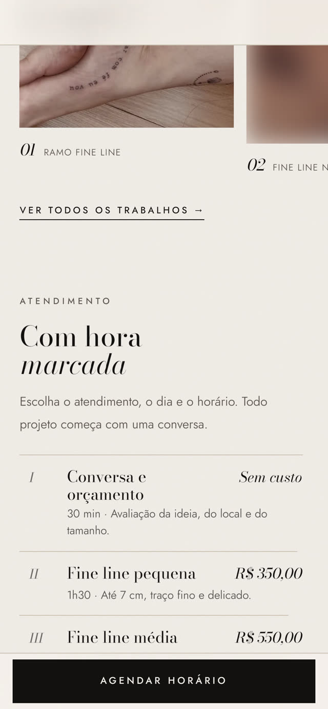 Tela de atendimento do site com serviços, duração e preços