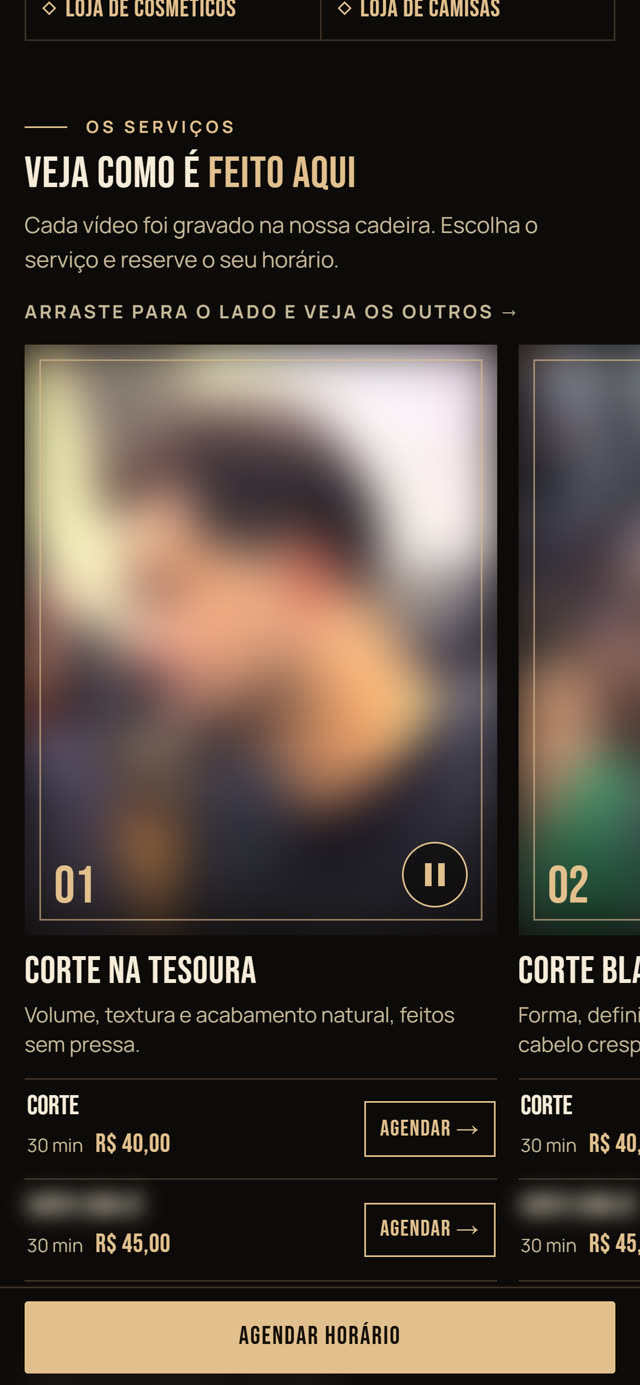 Tela de serviços de uma barbearia, com vídeos curtos de cada corte